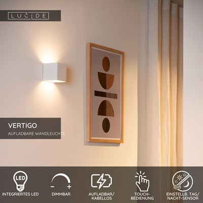Lucide VERTIGO - wiederaufladbare Wandleuchte Innen/Außen - Akku/Batterie - LED Dim. - 1x6W 2700K - IP54 - Bewegungssensor - Magnetisch - Weiß